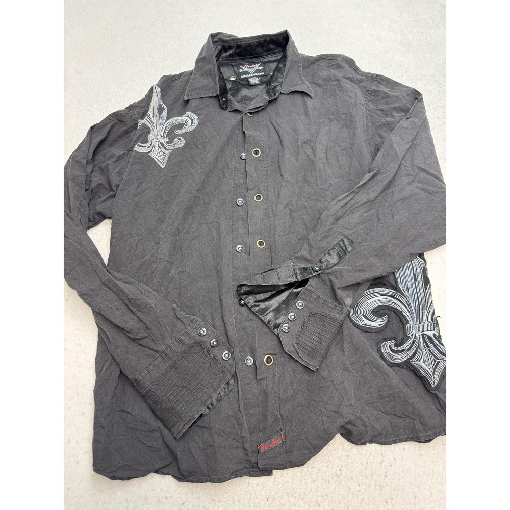Fender Shirt Mens 2XL Gray Fleur De Lis Embroidered Long Sleeve Button Up Casual